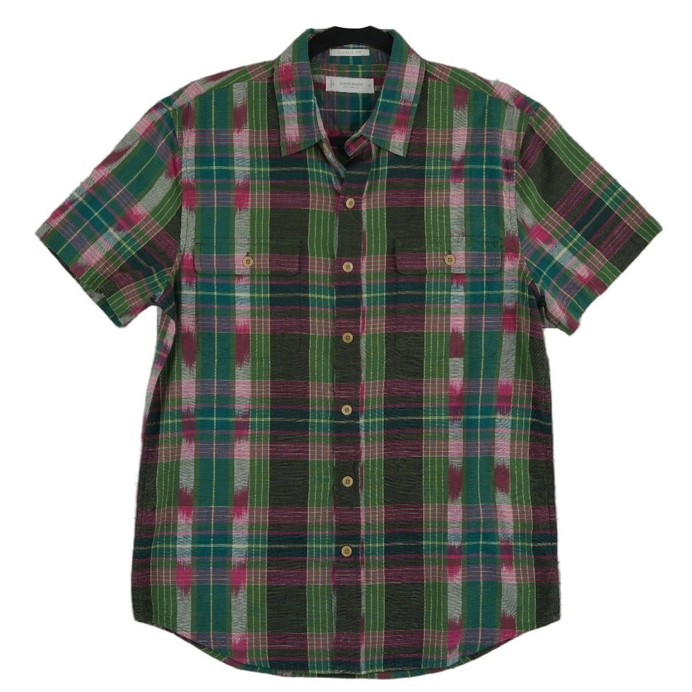 Lucky Brand Button Down Shirt Men's Size Small Green Pink Plaid Ikat 100% Cotton